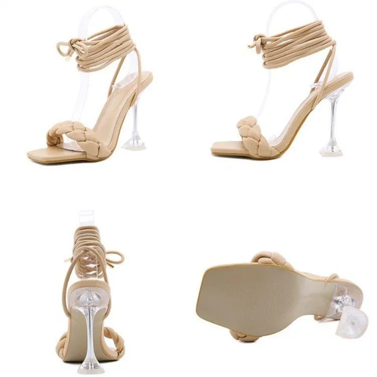 Women woven square peep toe strappy lace up high heels