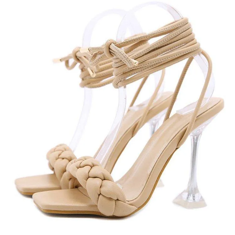 Women woven square peep toe strappy lace up high heels