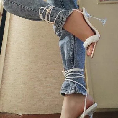 Women woven square peep toe strappy lace up high heels