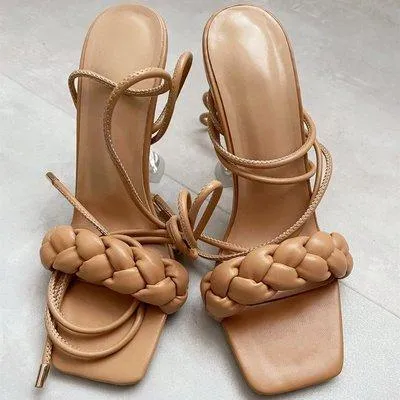 Women woven square peep toe strappy lace up high heels