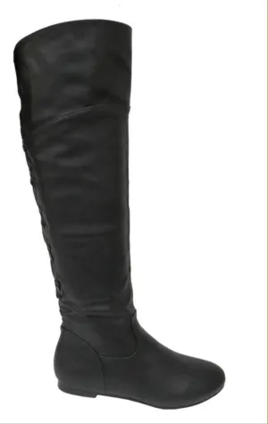 Women's Black Pu Low Block Heel Knee High Boots