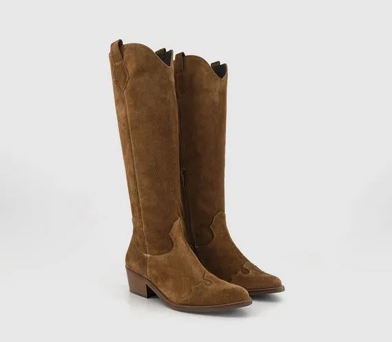 Womens Office Kezia Heeled Western Knee Boots Tan Suede