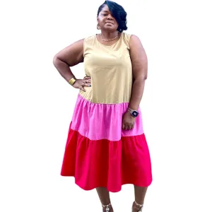 Womens Plus Size Tan Color Block Midi Tank Dress