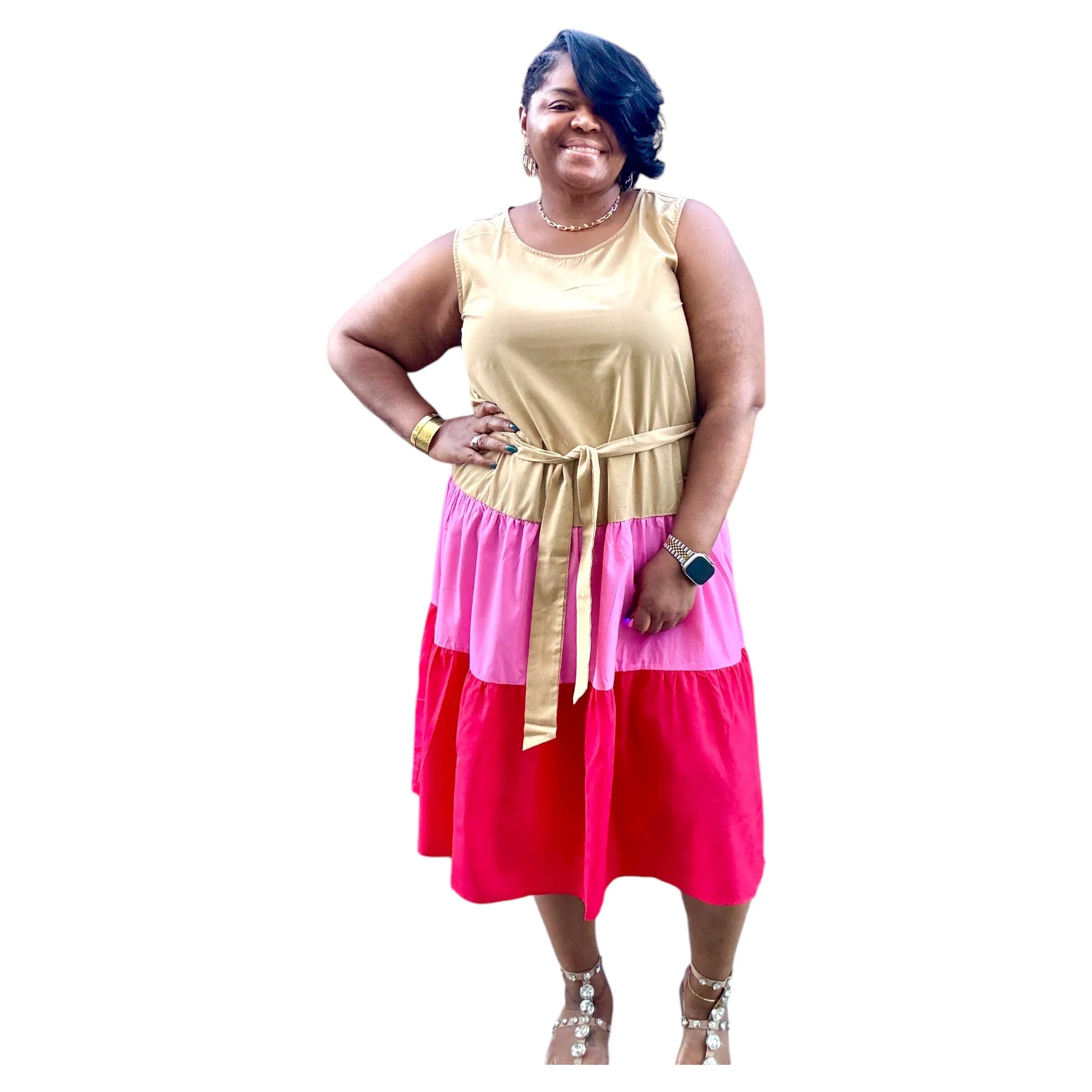 Womens Plus Size Tan Color Block Midi Tank Dress