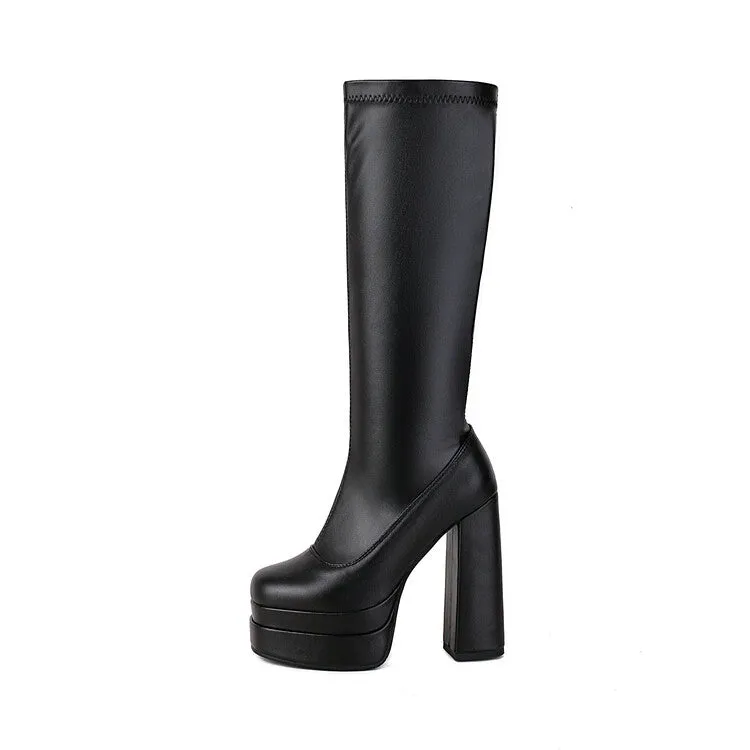 Women's Square Toe Side Zippers Chunky Heel Platform Knee High Boots