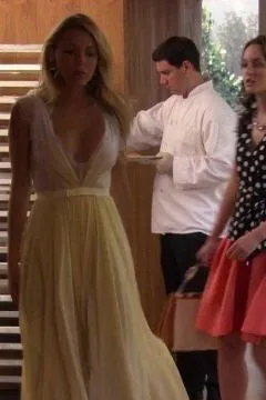 Yellow Blake Lively V Neck lace Prom Celebrity Formal Dress Serena van der Woodsen Dress Gossip Girl Season