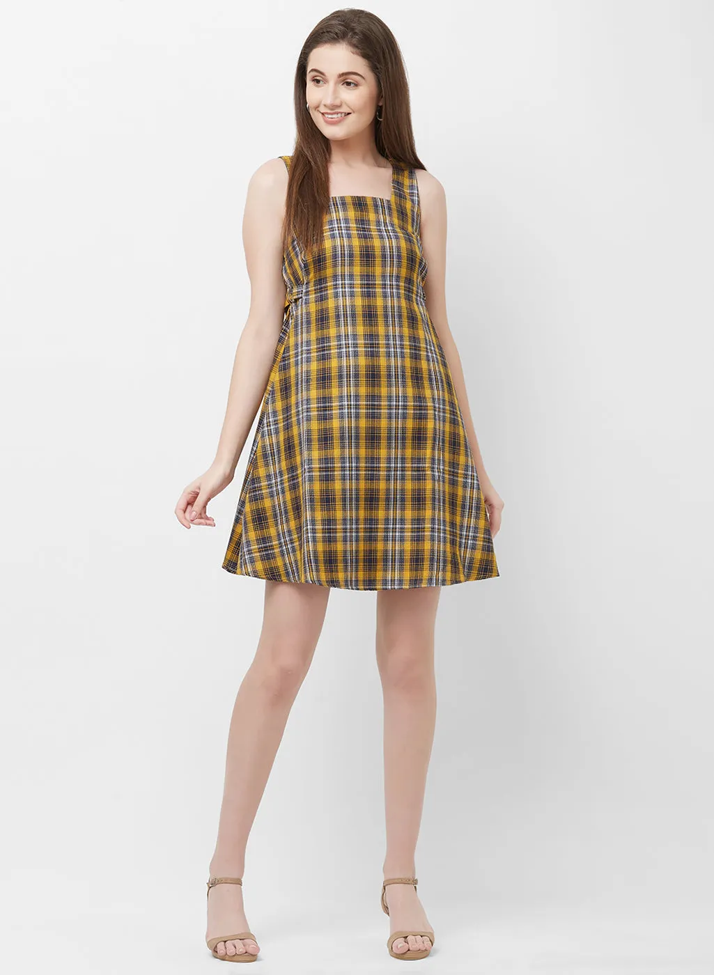 Yellow Checkered Short Dress