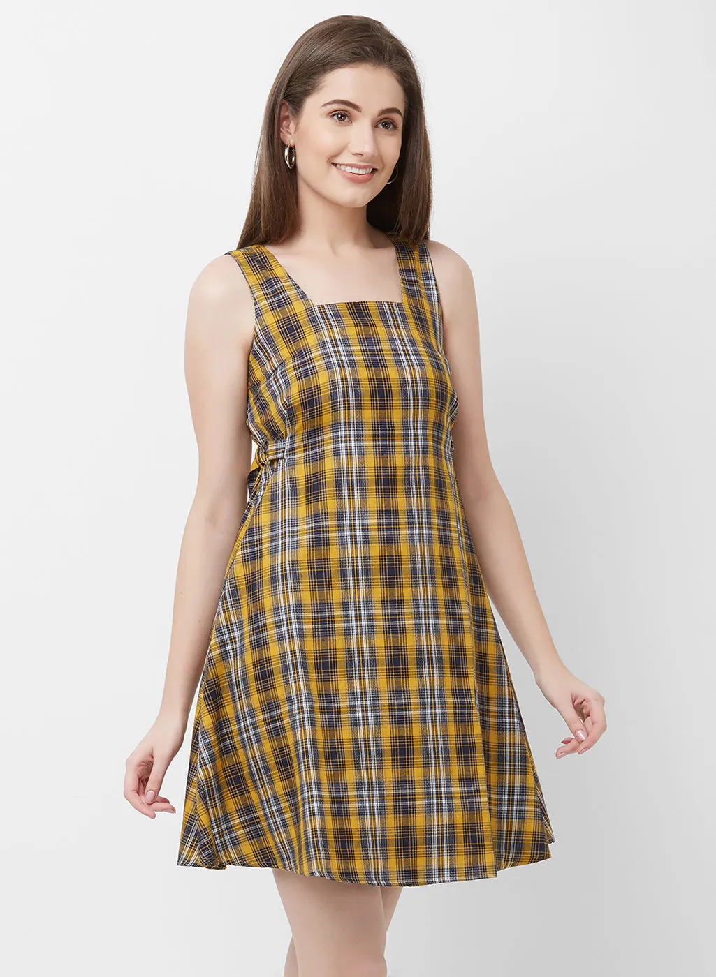 Yellow Checkered Short Dress
