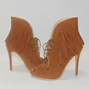 Yoki Camel Faux Suede Lace Up Fringe Peep Toe Booties