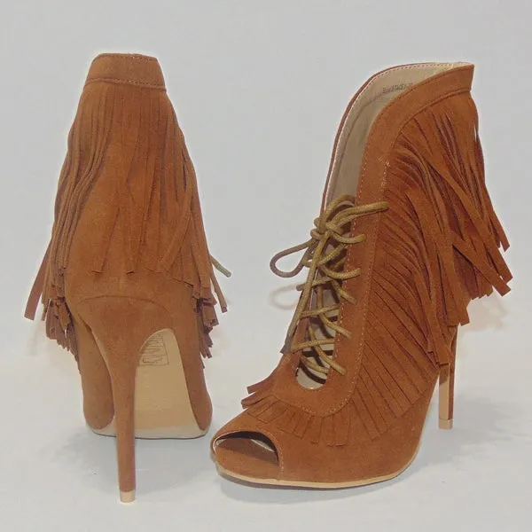 Yoki Camel Faux Suede Lace Up Fringe Peep Toe Booties