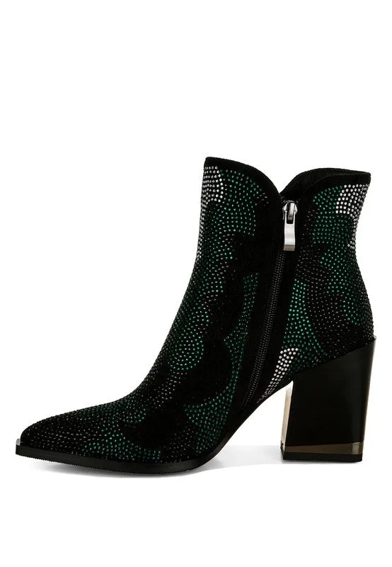 Zarka Rhinestone Block Heel Boots – Pointed Toe Party Boots for Women