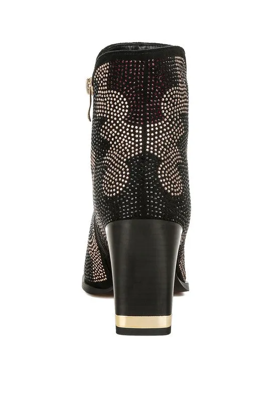 Zarka Rhinestone Block Heel Boots – Pointed Toe Party Boots for Women