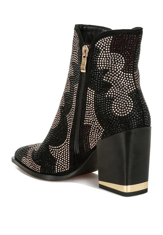 Zarka Rhinestone Block Heel Boots – Pointed Toe Party Boots for Women