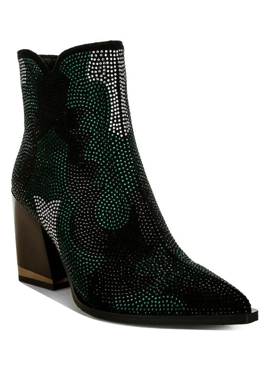 Zarka Rhinestone Block Heel Boots – Pointed Toe Party Boots for Women
