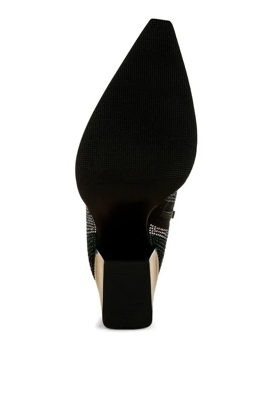 Zarka Rhinestone Block Heel Boots – Pointed Toe Party Boots for Women