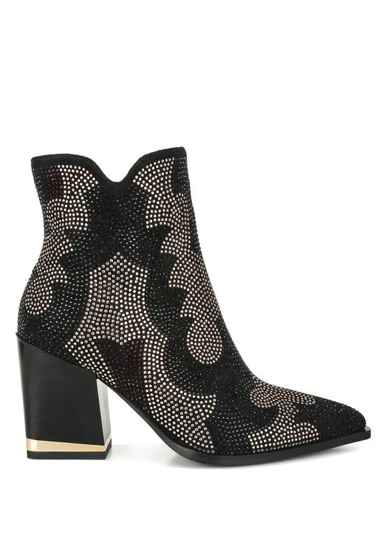 Zarka Rhinestone Block Heel Boots – Pointed Toe Party Boots for Women